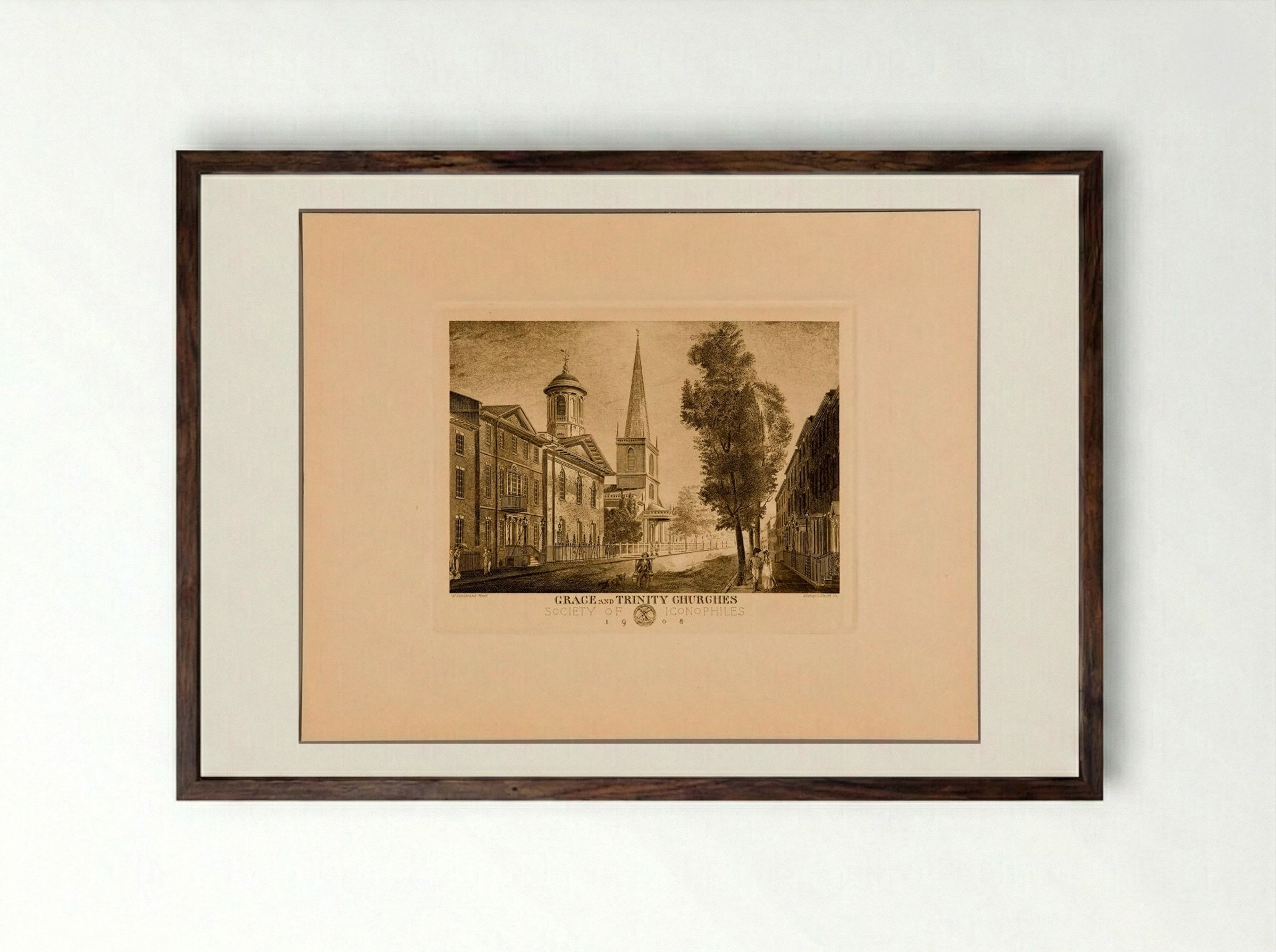 Grace and Trinity Churches - Sidney L. Smith - Framed Print Dark Wood