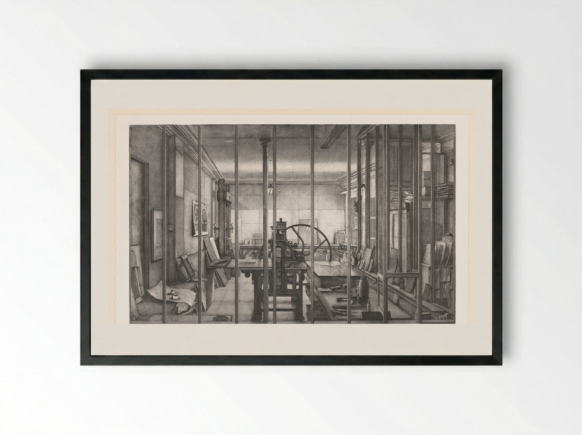 Grafisch atelier van René Tazé - Erik Desmazières - Framed Print Black