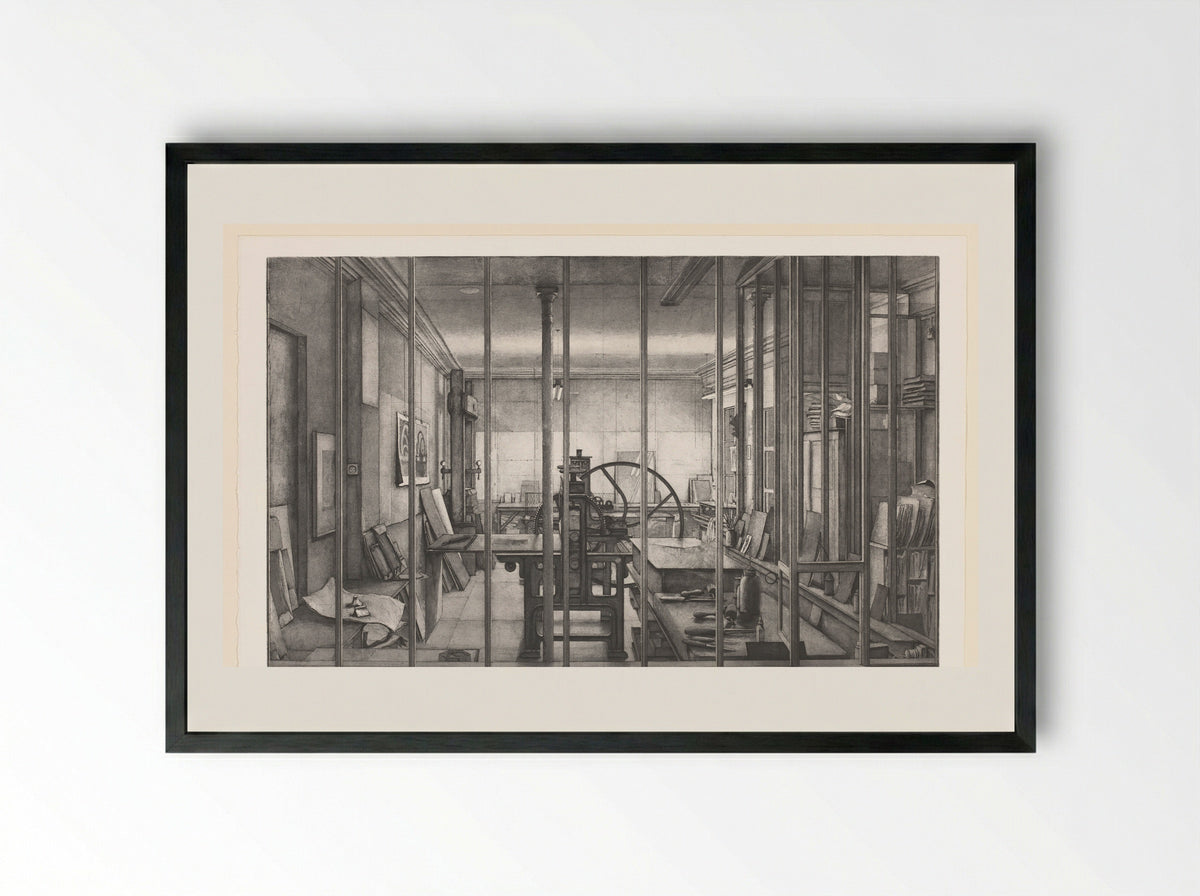 Grafisch atelier van René Tazé - Erik Desmazières - Framed Print Black
