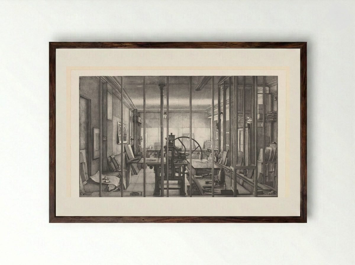 Grafisch atelier van René Tazé - Erik Desmazières - Framed Print Dark Wood