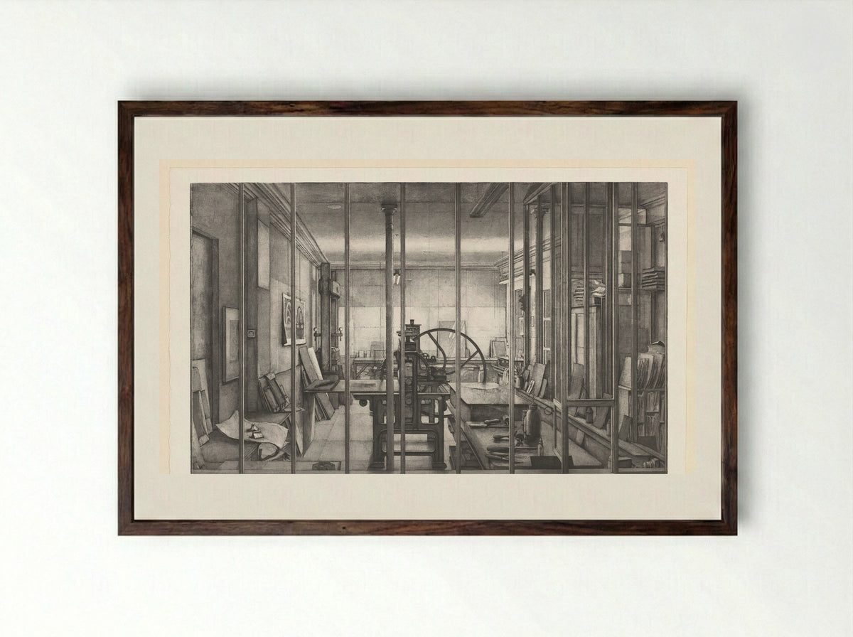 Grafisch atelier van René Tazé - Erik Desmazières - Framed Print Dark Wood