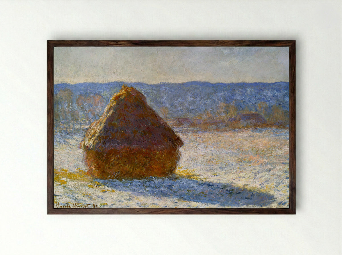 Grainstack in the Morning, Snow Effect - Claude Monet - Framed Print Dark Wood