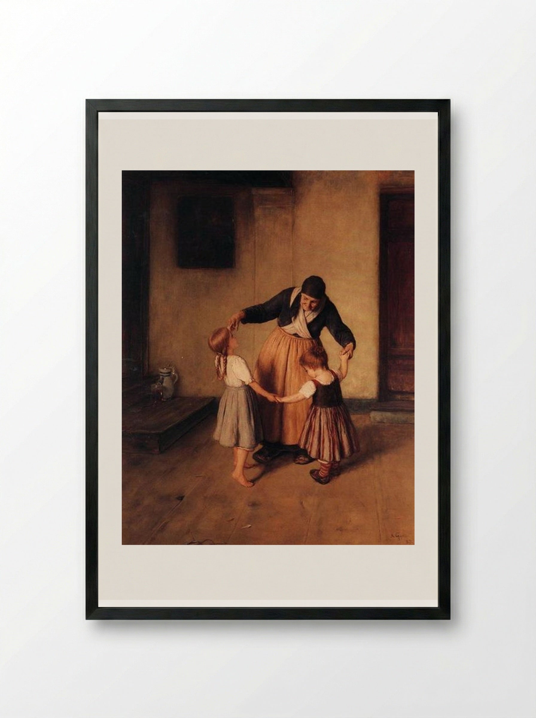 Grandma and Children - Nikolaos Gyzis - Framed Print Black