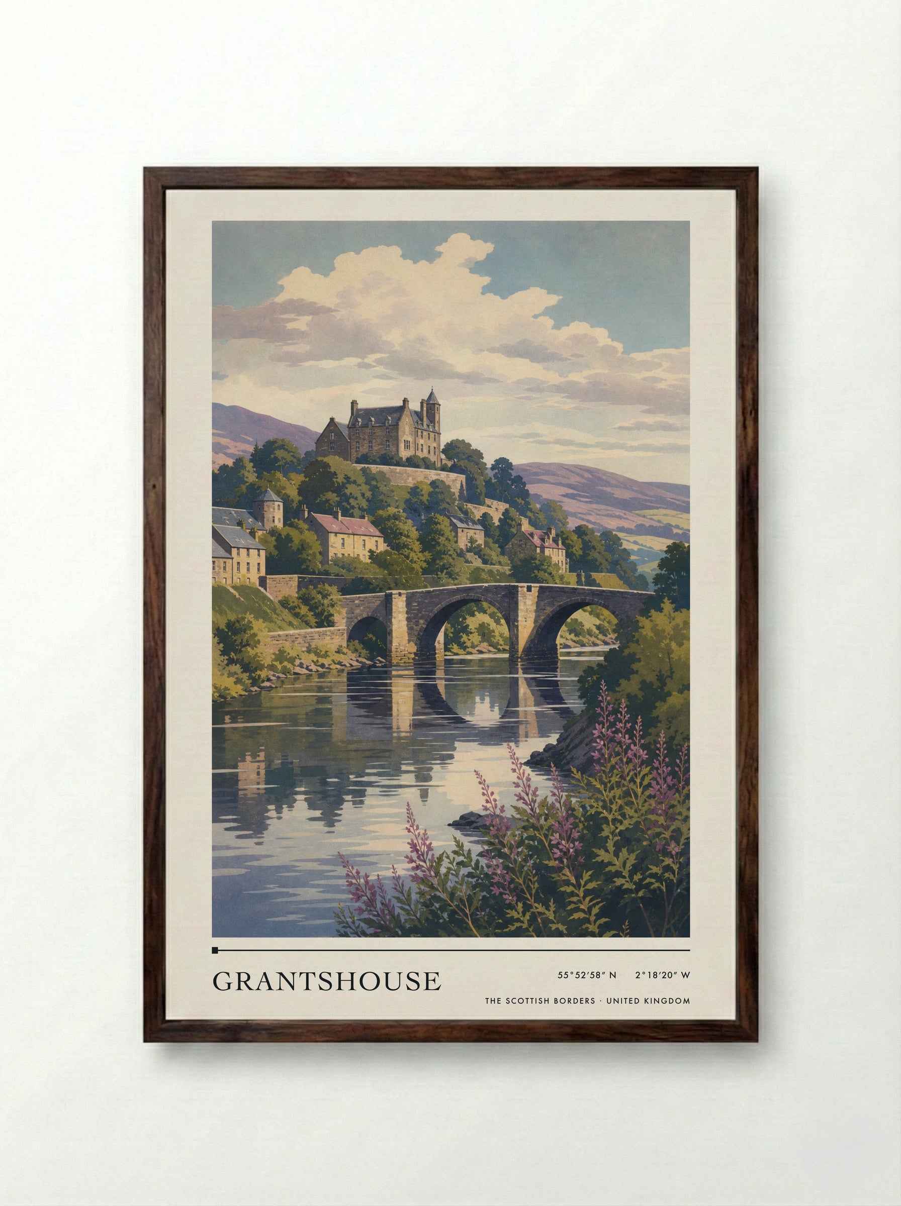 Grantshouse The Scottish Borders United Kingdom Travel Poster - Framed Print Dark Wood