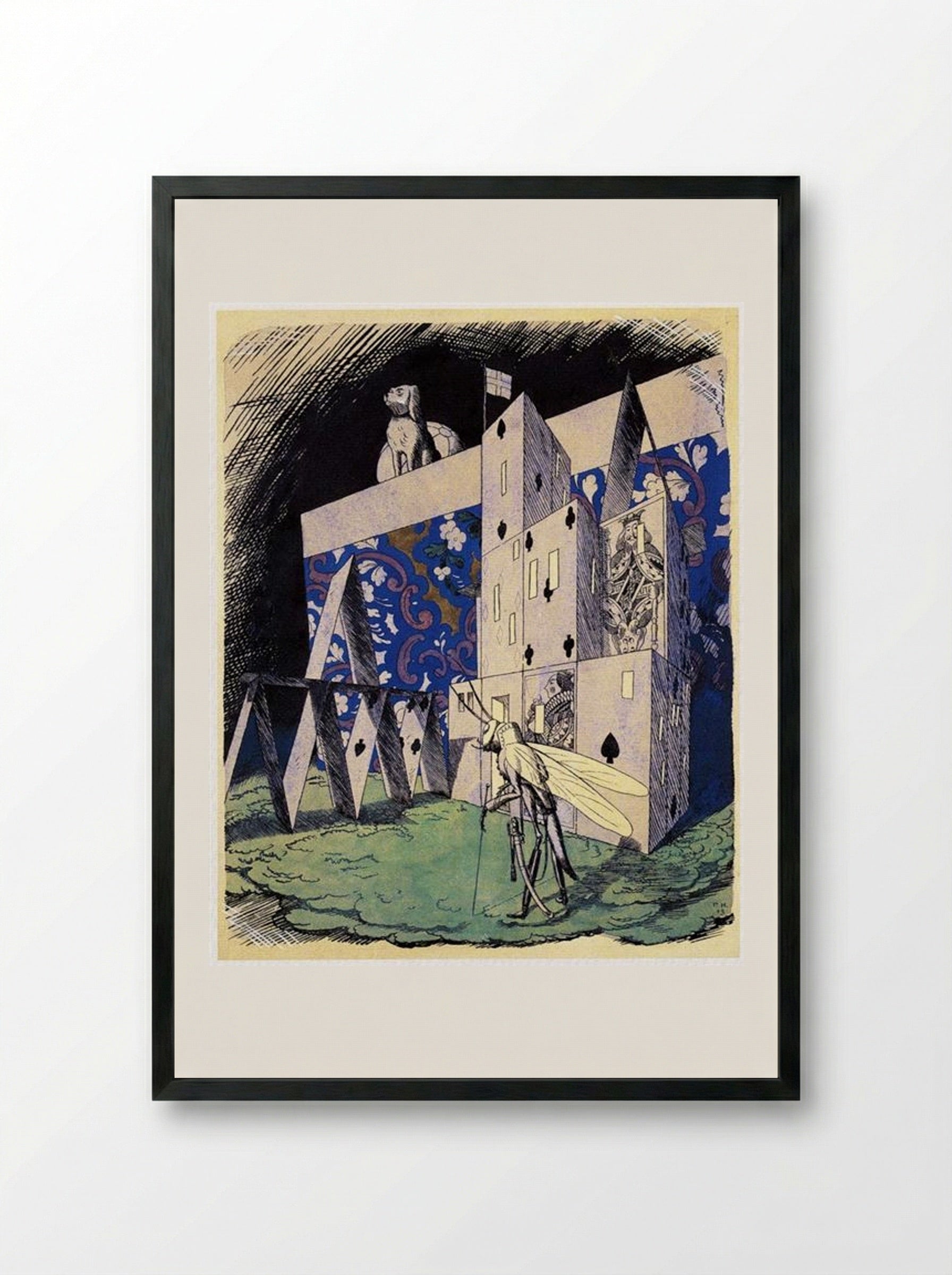 Grasshopper in front of a House of Cards - Heorhiy Narbut - Framed Print Black