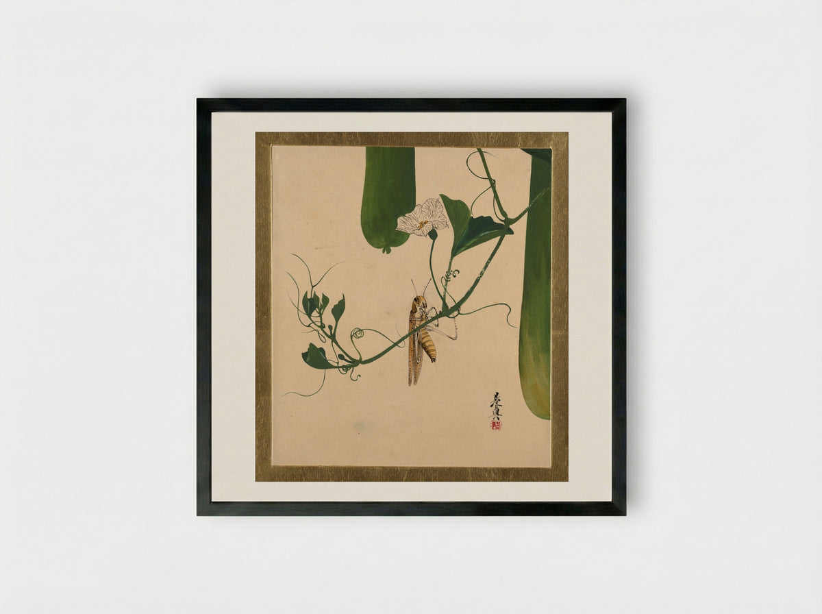 Grasshopper on Gourd Vine - Shibata Zeshin - Framed Print Black