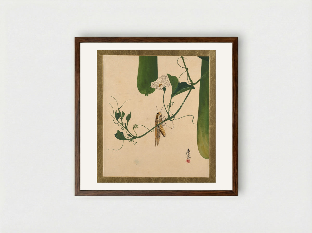 Grasshopper on Gourd Vine - Shibata Zeshin - Framed Print Dark Wood