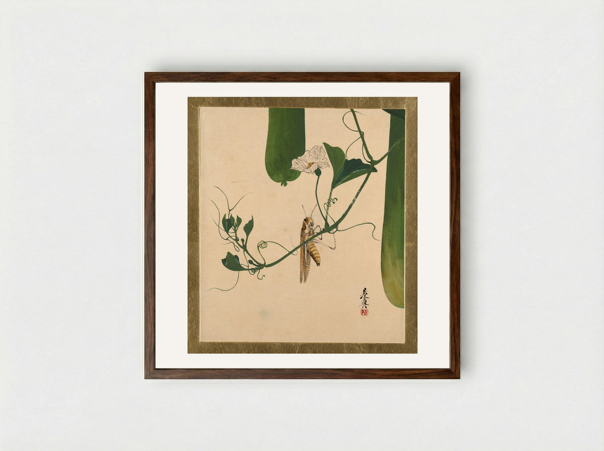 Grasshopper on Gourd Vine - Shibata Zeshin - Framed Print Dark Wood