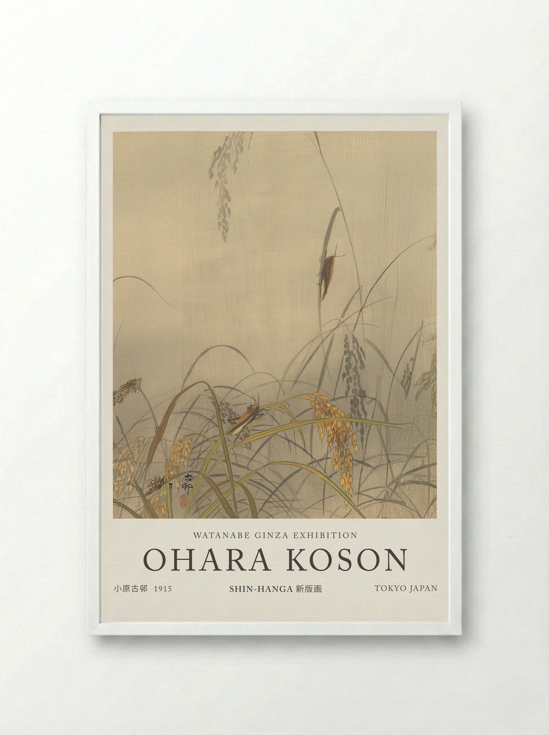 Grasshoppers On Rice Plants - Ohara Koson - Framed Print White
