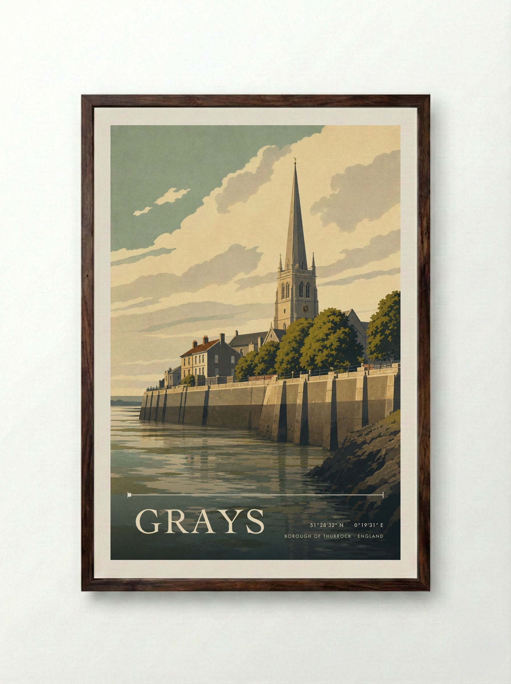 Grays Borough of Thurrock England Travel Poster - Framed Print Dark Wood