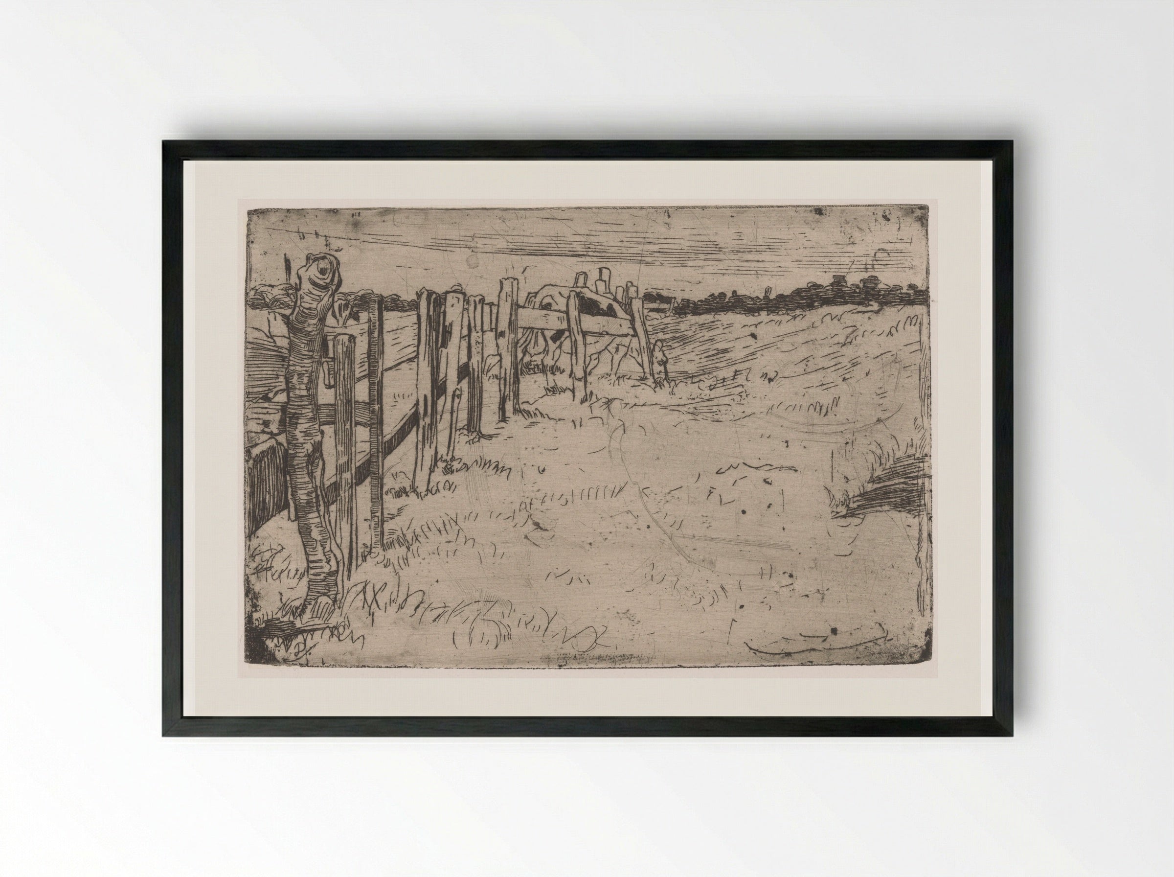 Grazende koe bij een hek in een weiland - Pieter Dupont - Framed Print Black
