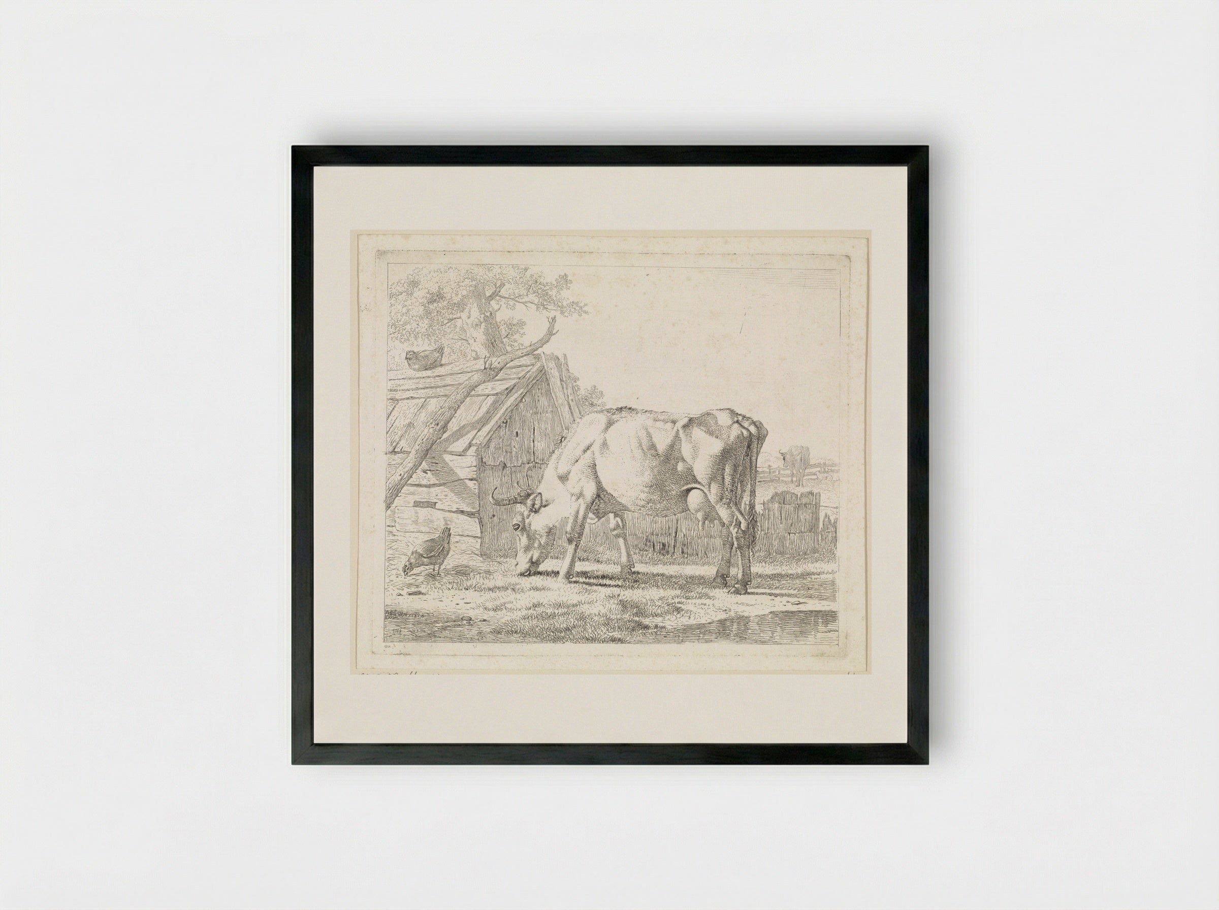 Grazende koe en een kip - Wouter Johannes van Troostwijk - Framed Print Black