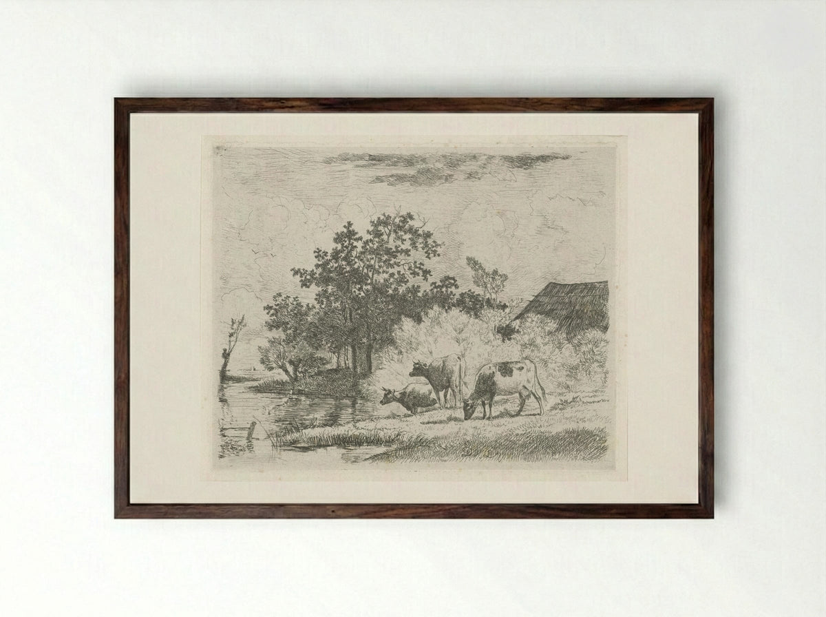 Grazende koeien bij beek - Dirk van Lokhorst - Framed Print Dark Wood