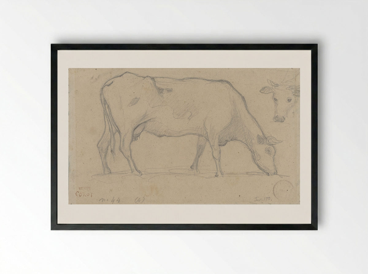 Grazing Cow with Study of a Cow's Head - Camille Corot - Framed Print Black