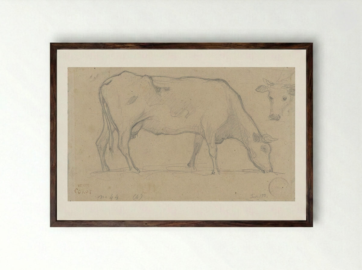 Grazing Cow with Study of a Cow's Head - Camille Corot - Framed Print Dark Wood