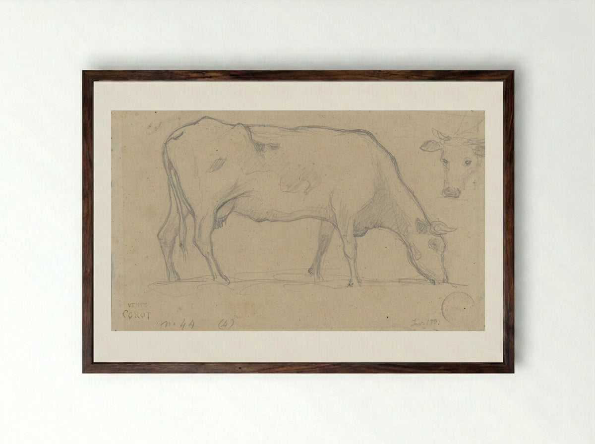 Grazing Cow with Study of a Cow's Head - Camille Corot - Framed Print Dark Wood