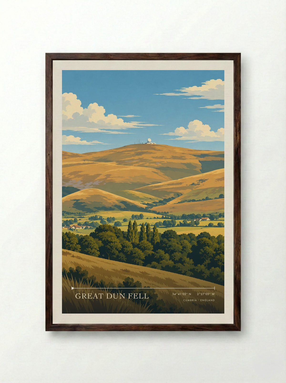 Great Dun Fell, Cumbria | Travel Poster - Framed Print Dark Wood