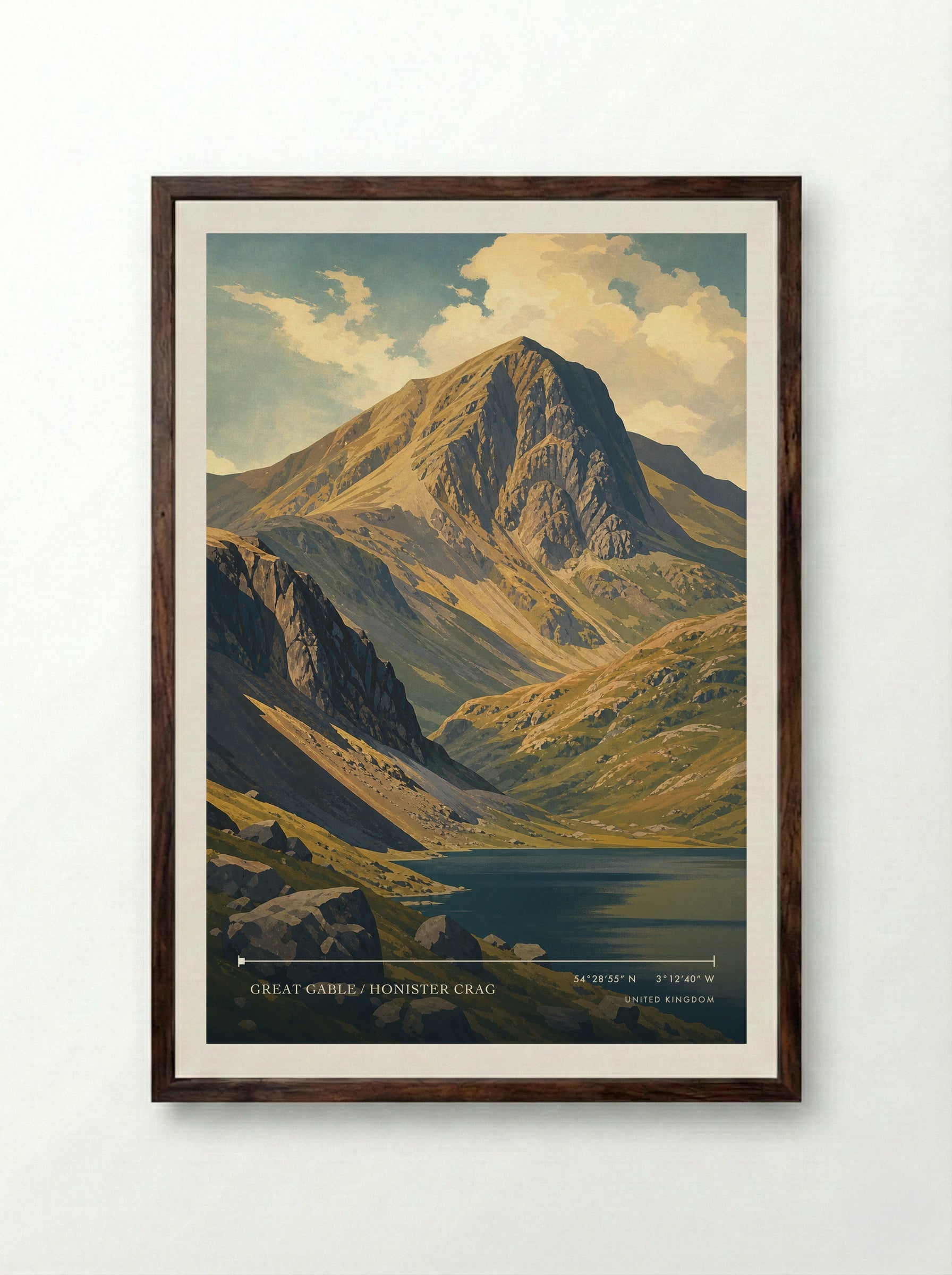 Great Gable / Honister Crag United Kingdom Travel Poster - Framed Print Dark Wood