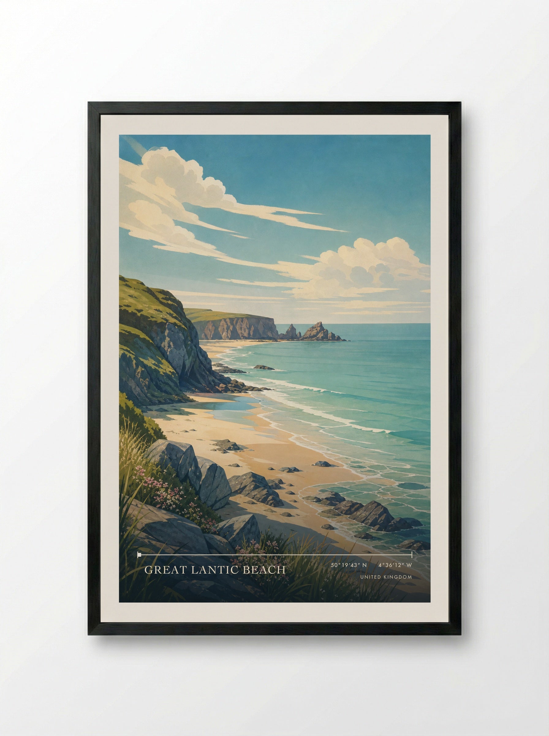 Great Lantic Beach United Kingdom Travel Poster - Framed Print Black