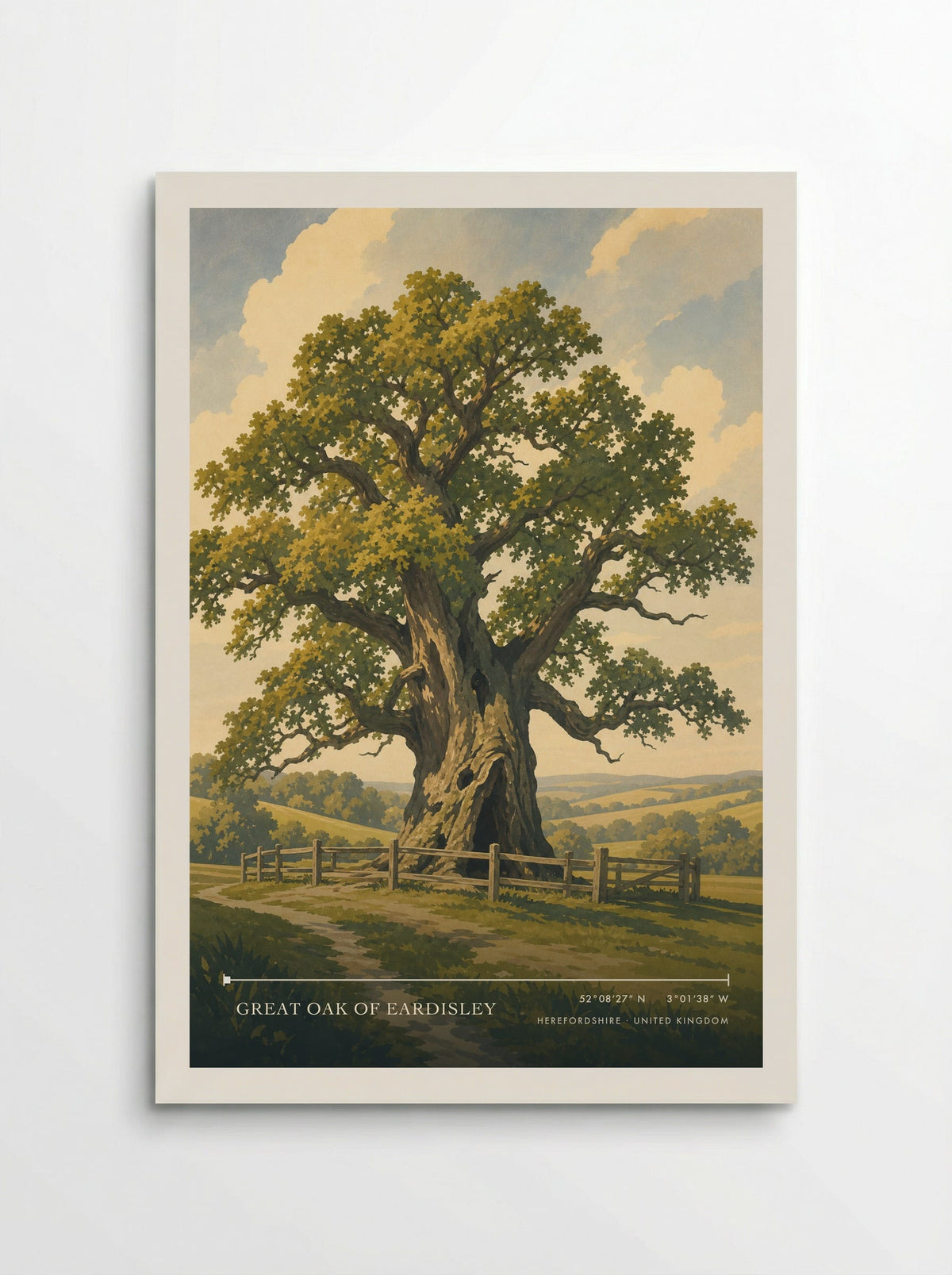 Great Oak of Eardisley, Herefordshire travel poster: an ancient oak, gnarled trunk, timber fence and Herefordshire fields