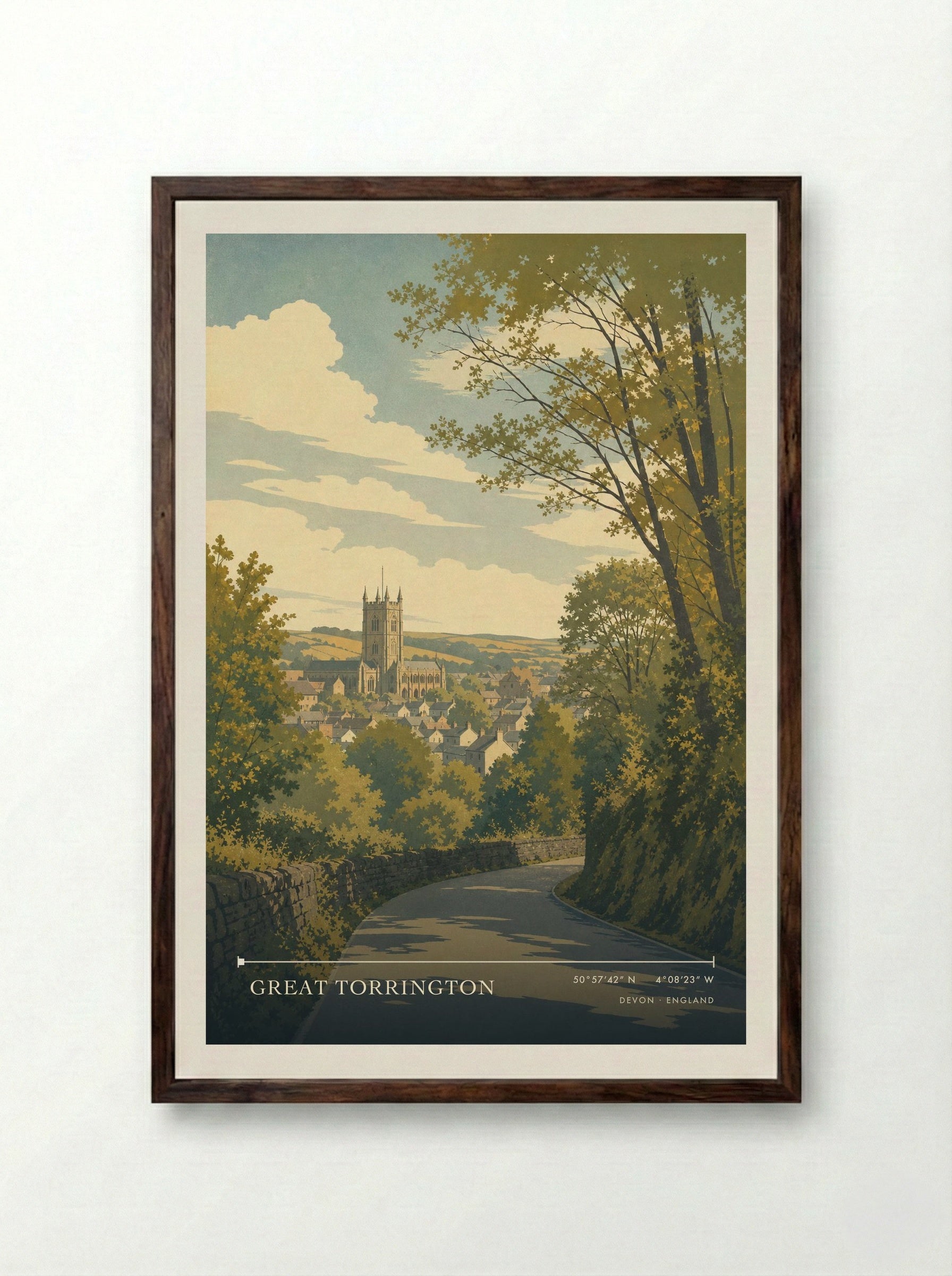 Great Torrington Devon England Travel Poster - Framed Print Dark Wood