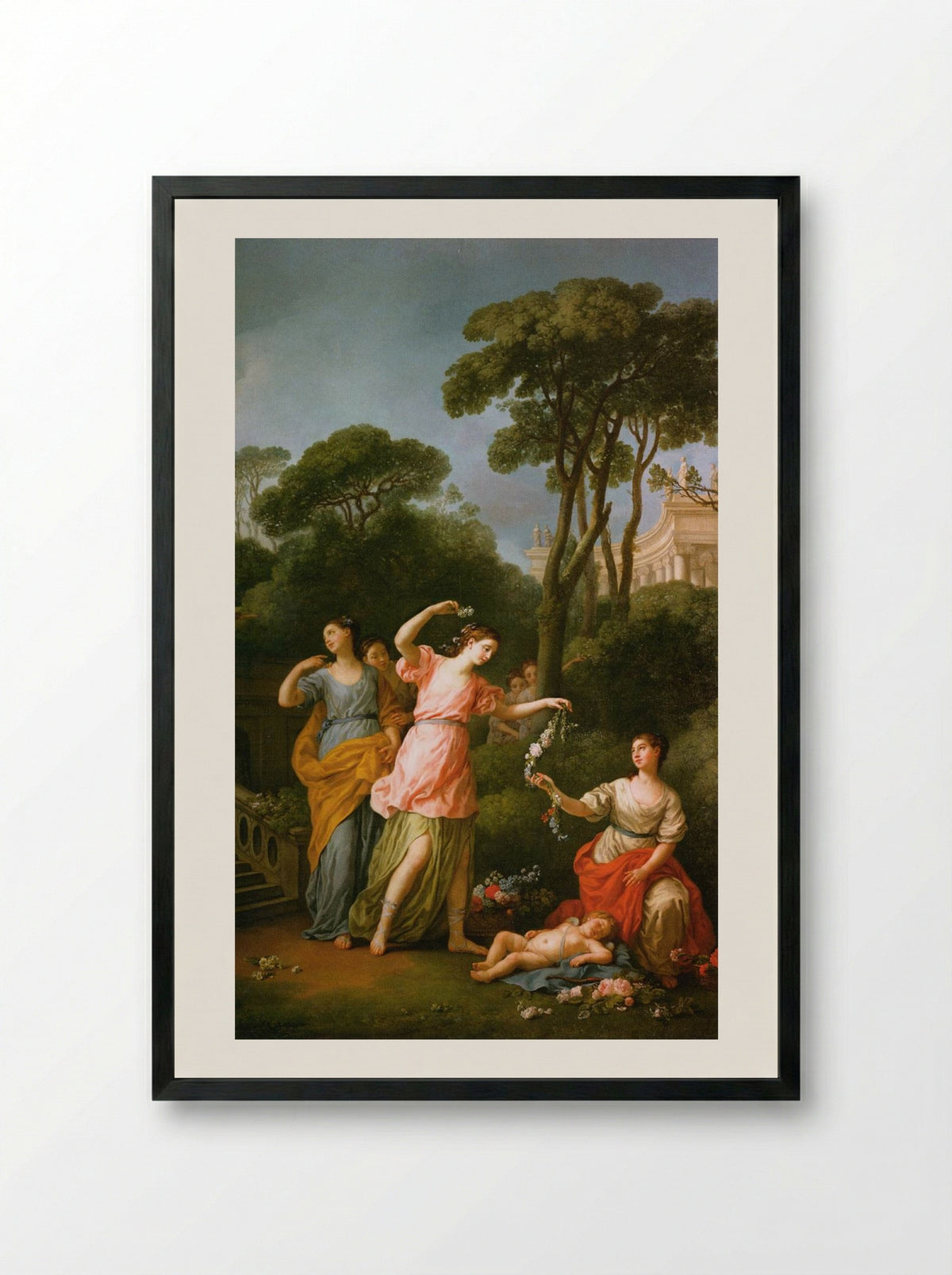 Greek Maidens Adorning a Sleeping Cupid with Flowers - Joseph-Marie Vien - Framed Print Black