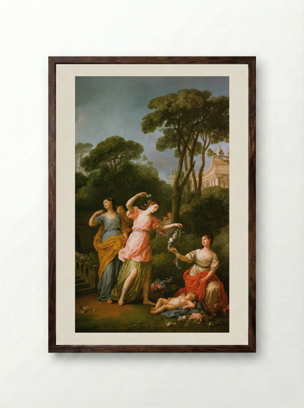 Greek Maidens Adorning a Sleeping Cupid with Flowers - Joseph-Marie Vien - Framed Print Dark Wood