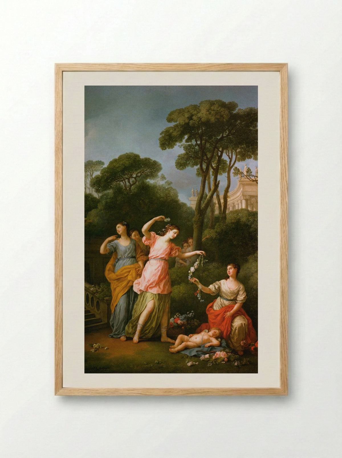 Greek Maidens Adorning a Sleeping Cupid with Flowers - Joseph-Marie Vien - Framed Print Wood