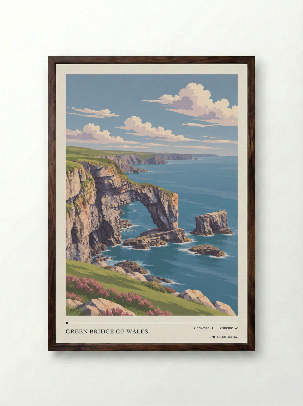 Green Bridge of Wales | Travel Poster - Framed Print Dark Wood