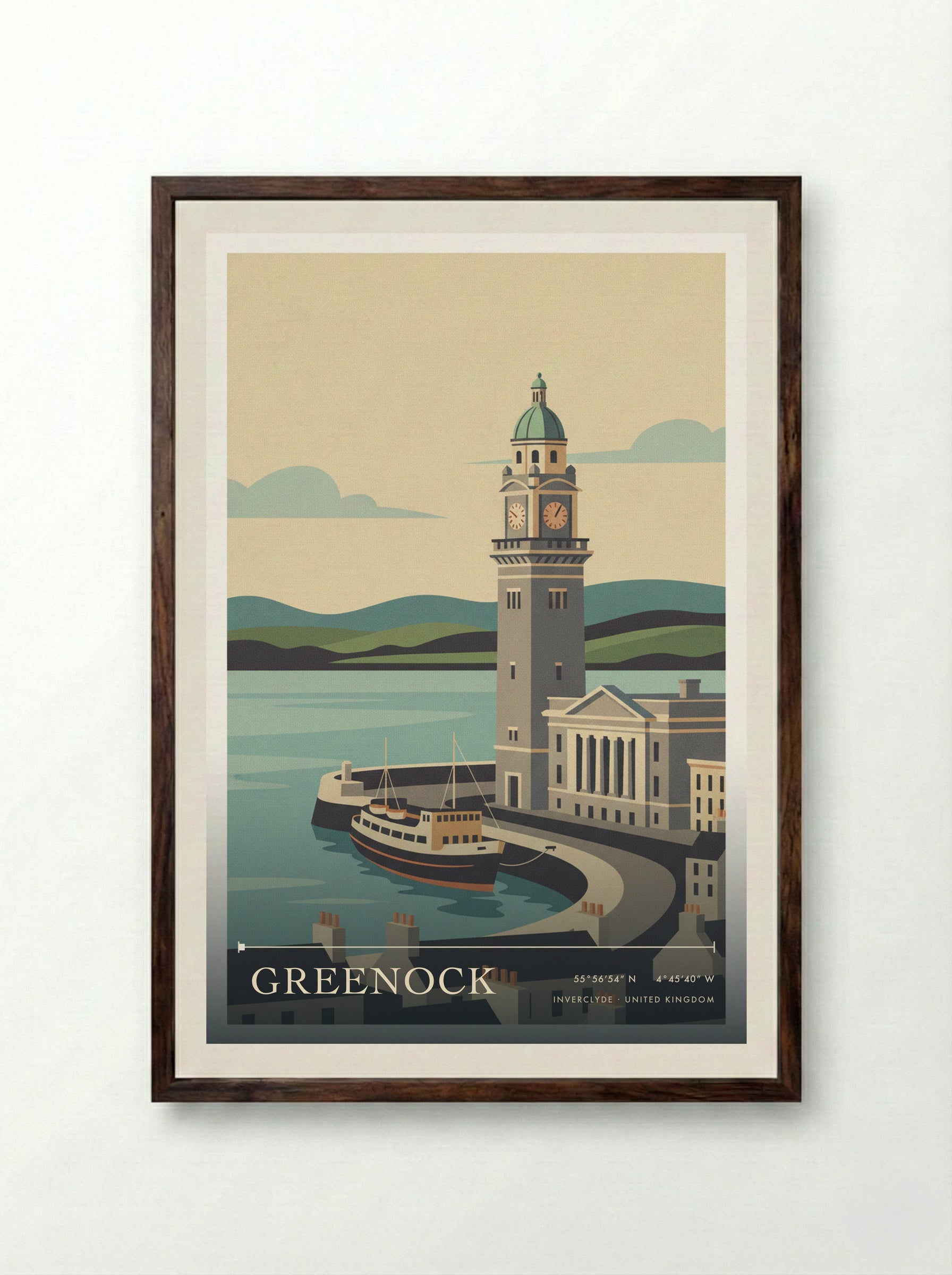 Greenock Inverclyde United Kingdom Travel Poster - Framed Print Dark Wood