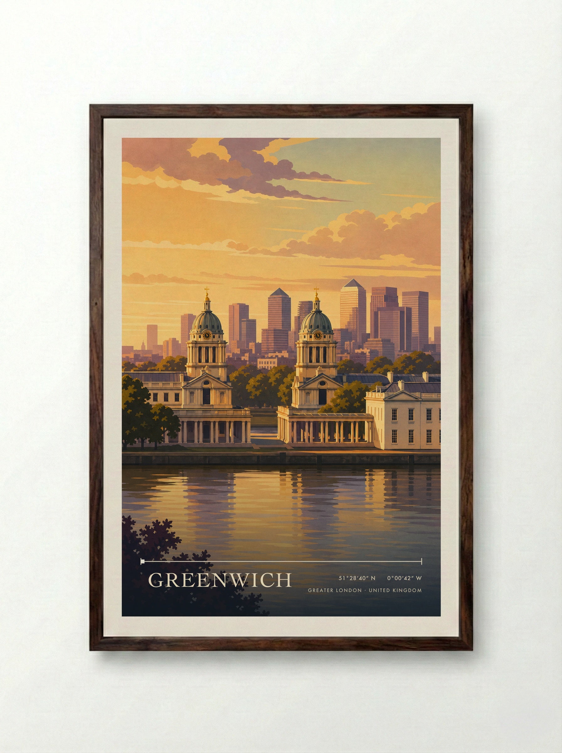 Greenwich Greater London United Kingdom Travel Poster - Framed Print Dark Wood