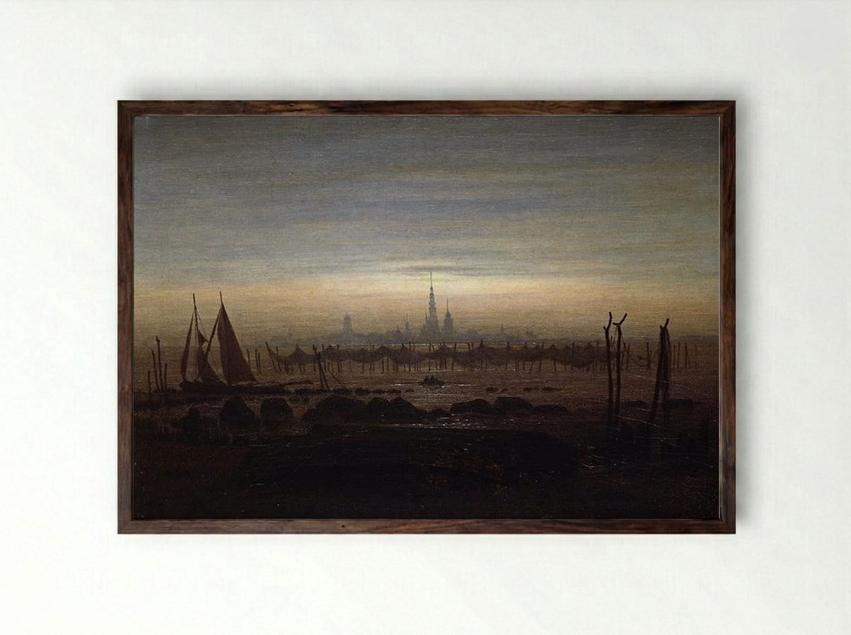 Greifswald in Moonlight - Caspar David Friedrich - Framed Print Dark Wood