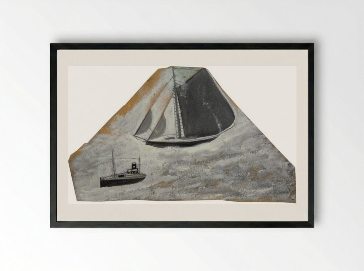 Grey Sailing Ship and Small Boat - Alfred Wallis - Framed Print Black