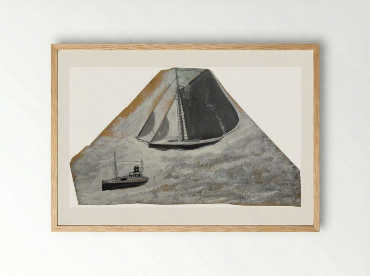 Grey Sailing Ship and Small Boat - Alfred Wallis - Framed Print Wood