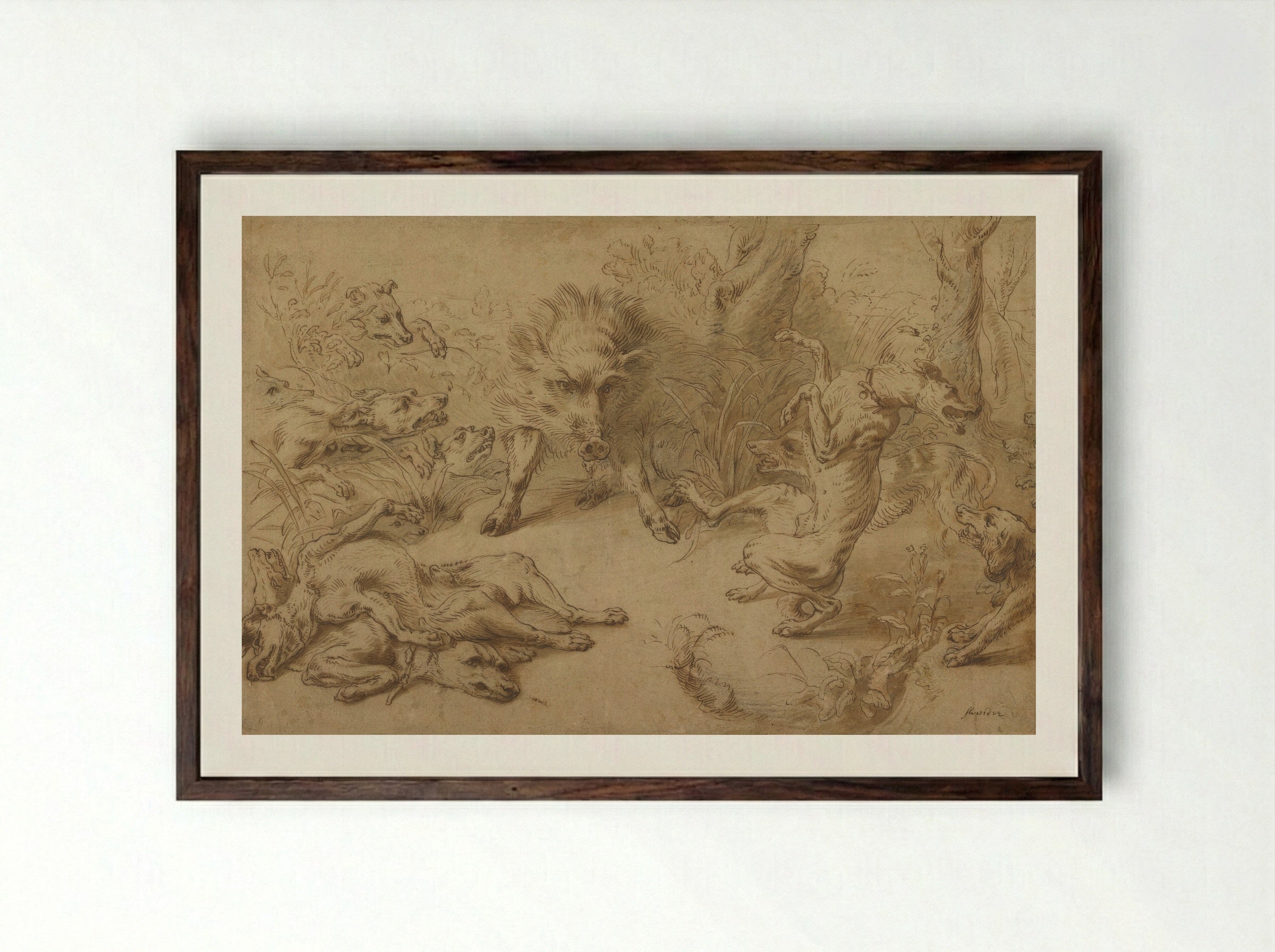 Greyhound Catching a Young Wild Boar - Frans Snyders - Framed Print Dark Wood
