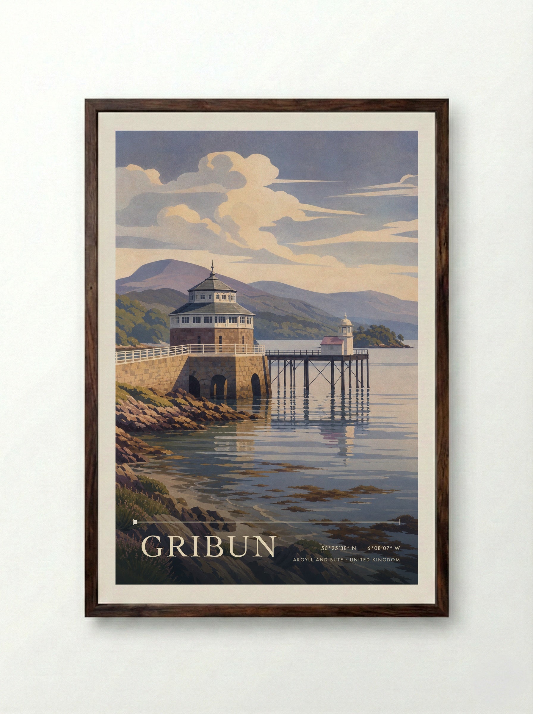 Gribun Argyll and Bute United Kingdom Travel Poster - Framed Print Dark Wood