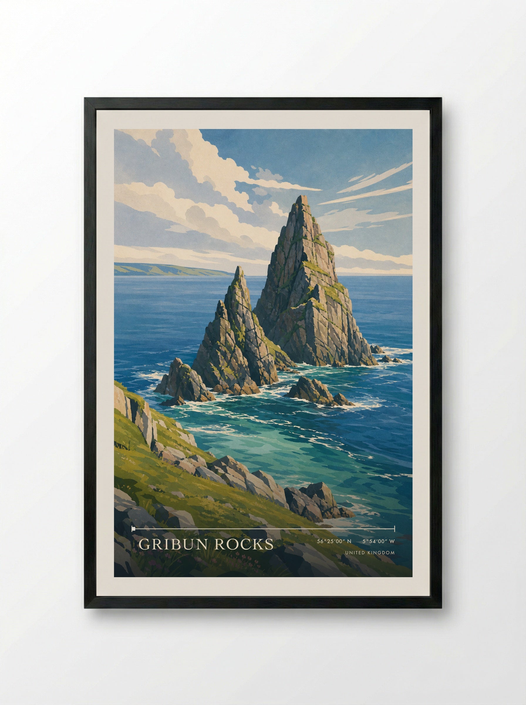 Gribun Rocks United Kingdom Travel Poster - Framed Print Black