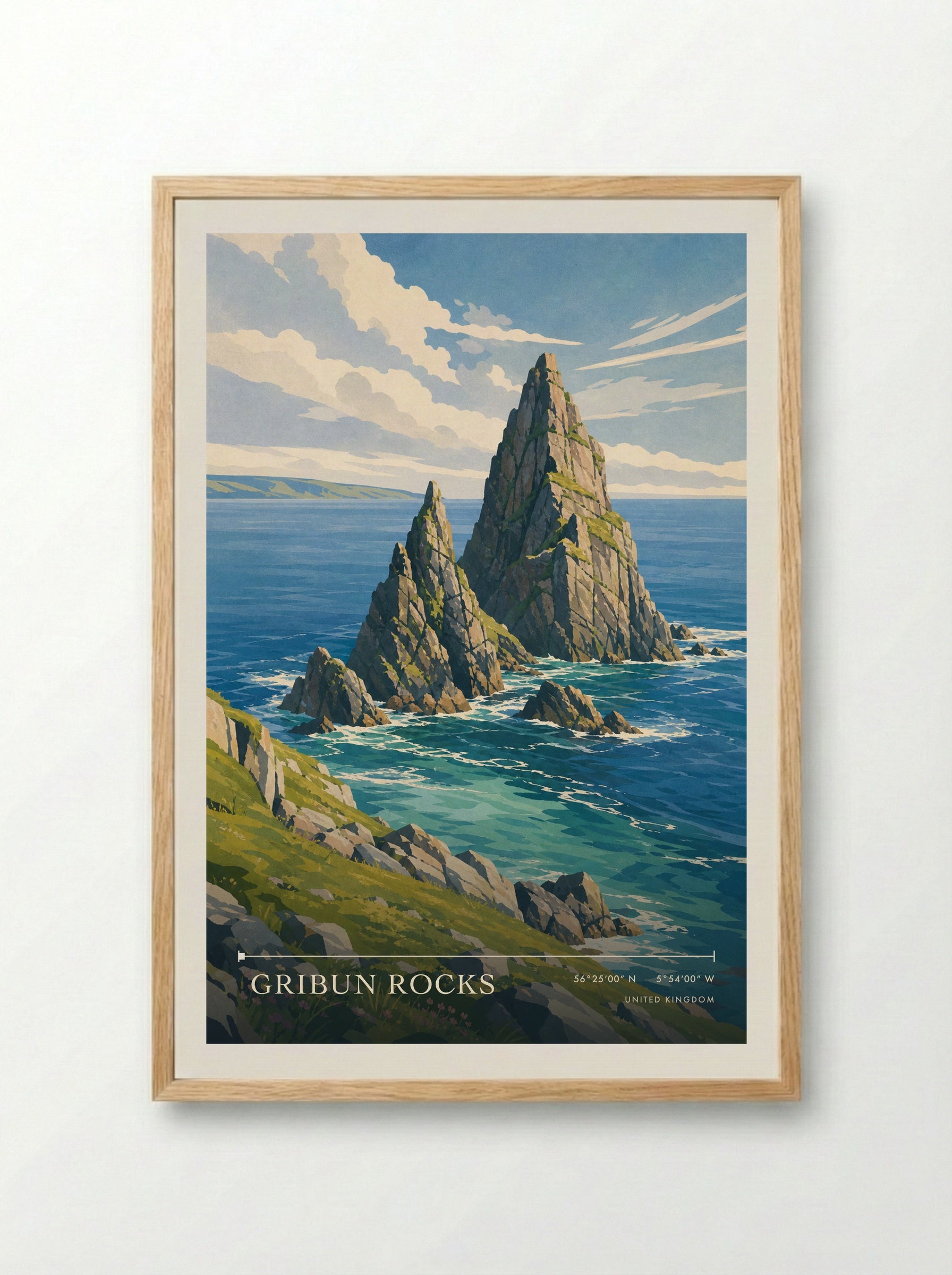 Gribun Rocks United Kingdom Travel Poster - Framed Print Wood
