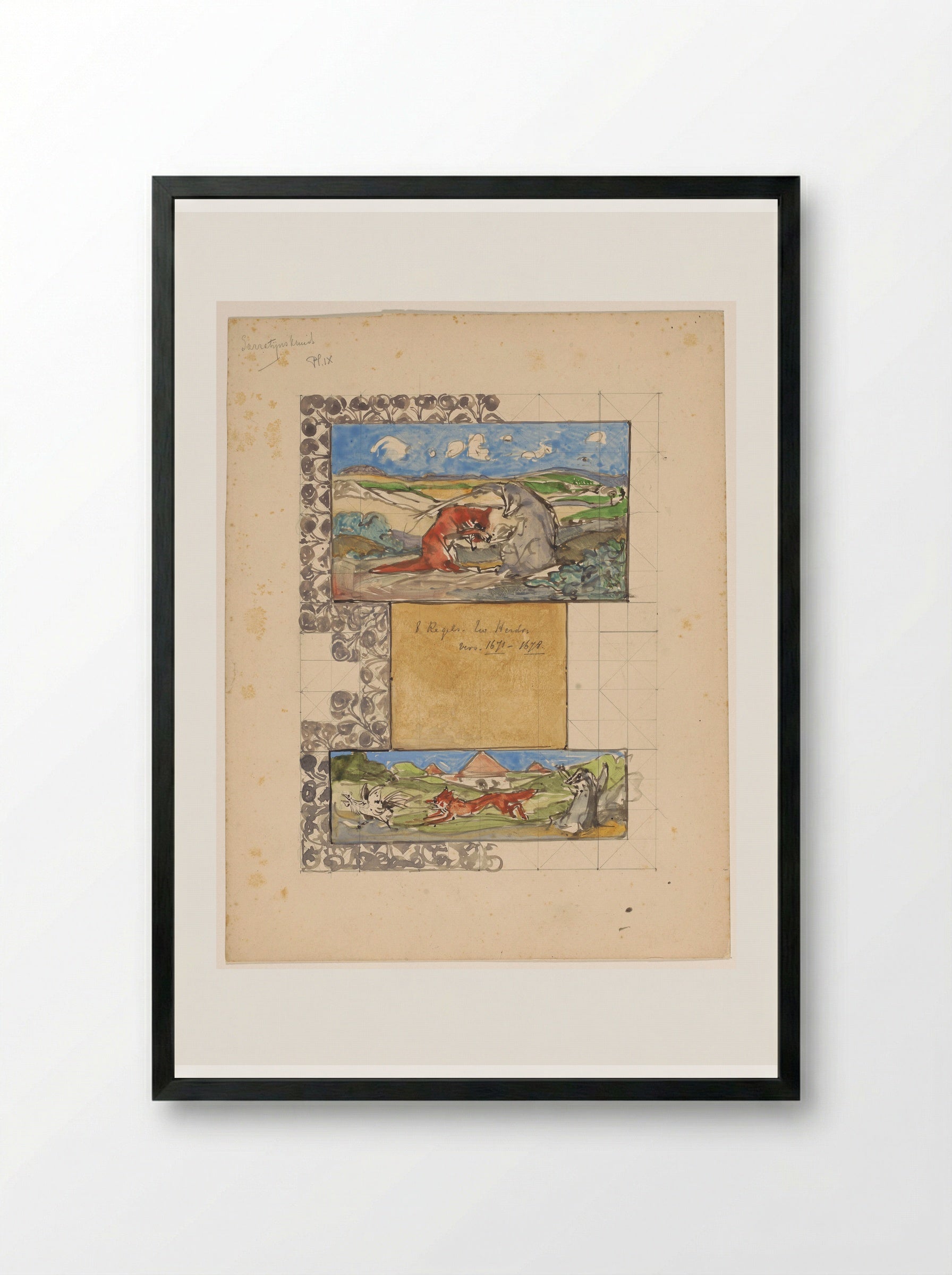Grimbert geeft Reinaert stokslagen en Reinaerts aanval op een haan - Bernard Willem Wierink - Framed Print Black