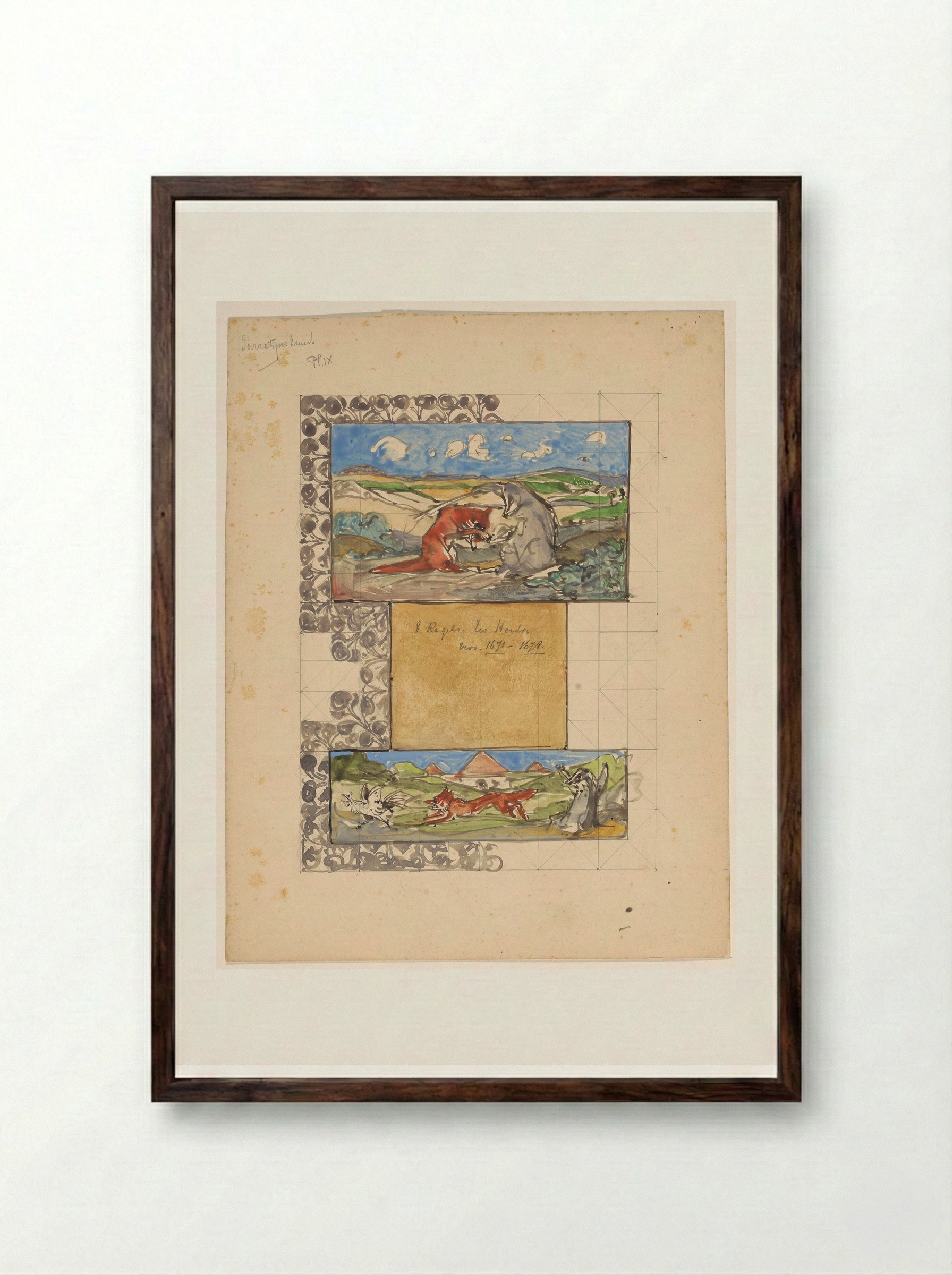 Grimbert geeft Reinaert stokslagen en Reinaerts aanval op een haan - Bernard Willem Wierink - Framed Print Dark Wood