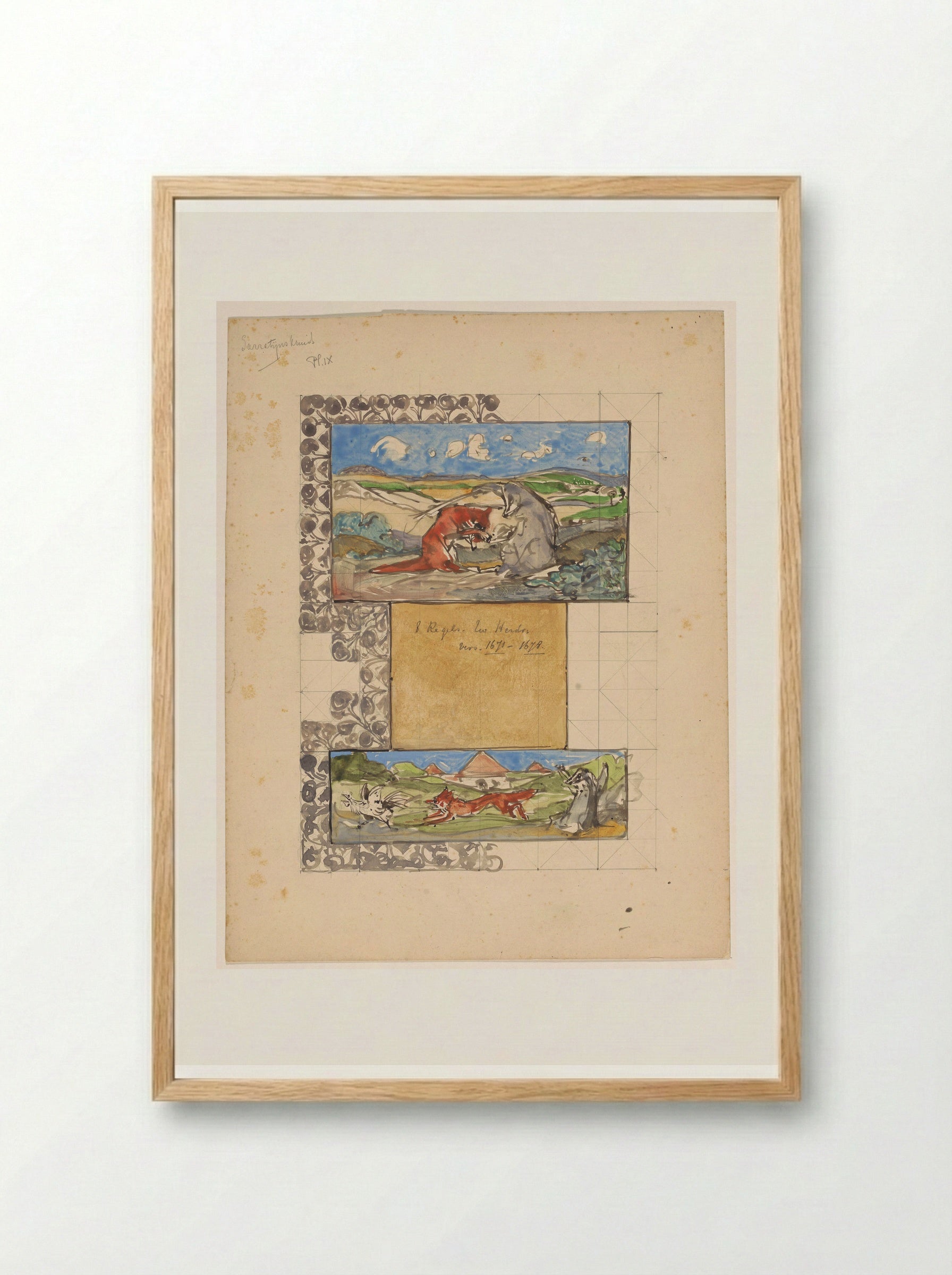 Grimbert geeft Reinaert stokslagen en Reinaerts aanval op een haan - Bernard Willem Wierink - Framed Print Wood
