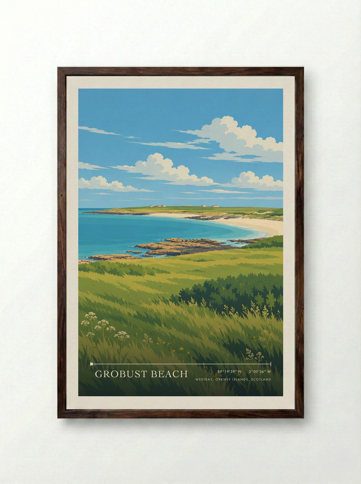 Grobust Beach, Westray, Orkney Islands, Scotland | Travel Poster - Framed Print Dark Wood