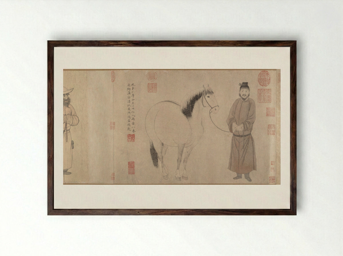 Grooms and Horses - Zhao Mengfu - Framed Print Dark Wood