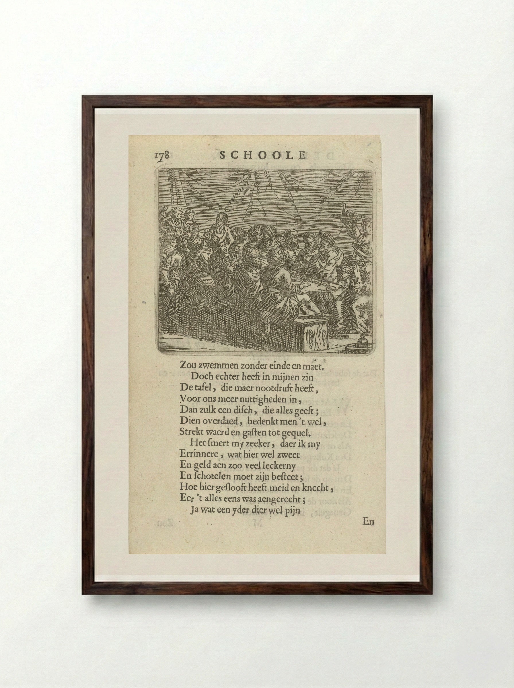 Groot gezelschap aan een eettafel - Arnold Houbraken - Framed Print Dark Wood