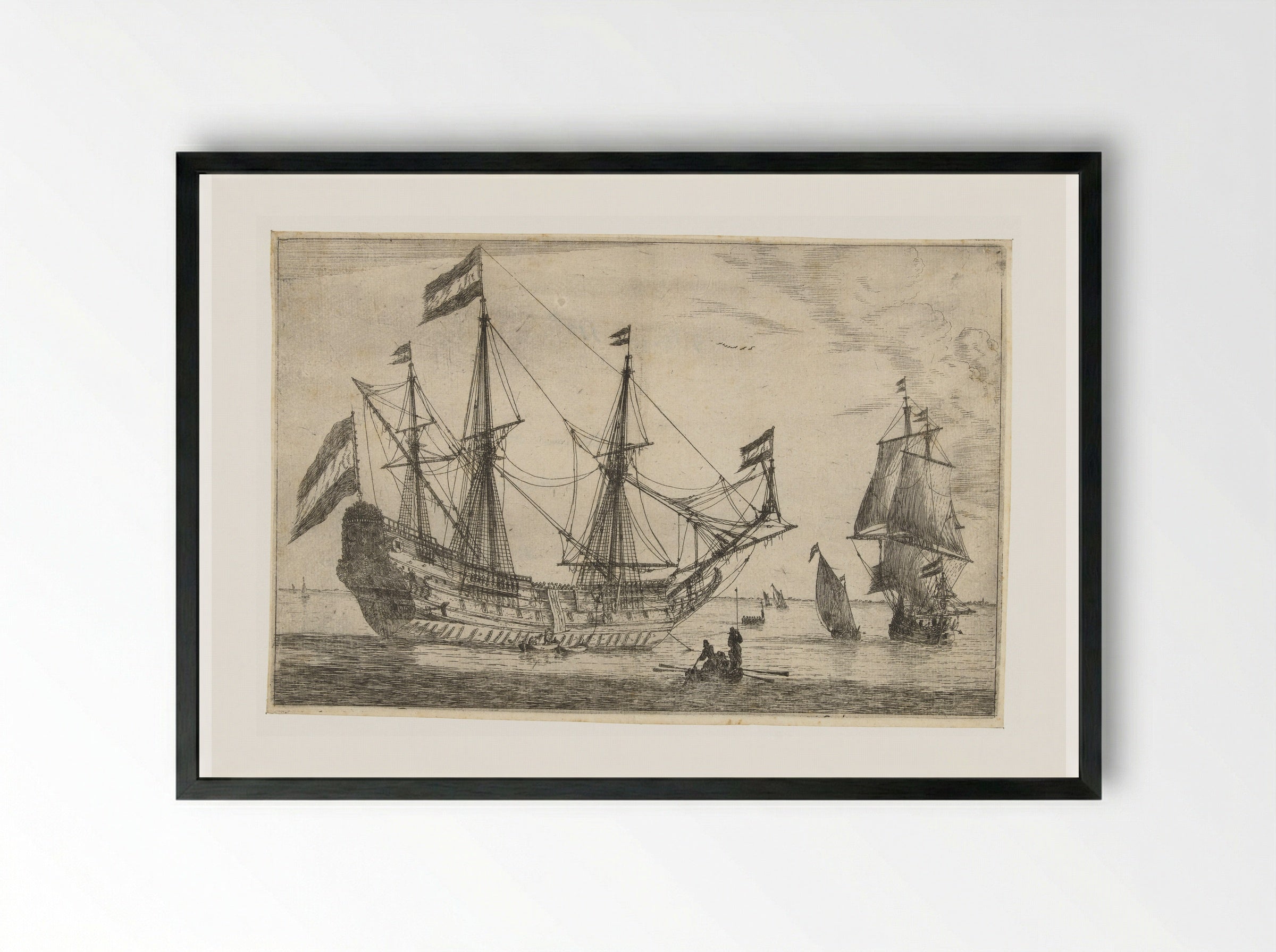 Groot zeilschip en een roeiboot - Reinier Nooms - Framed Print Black