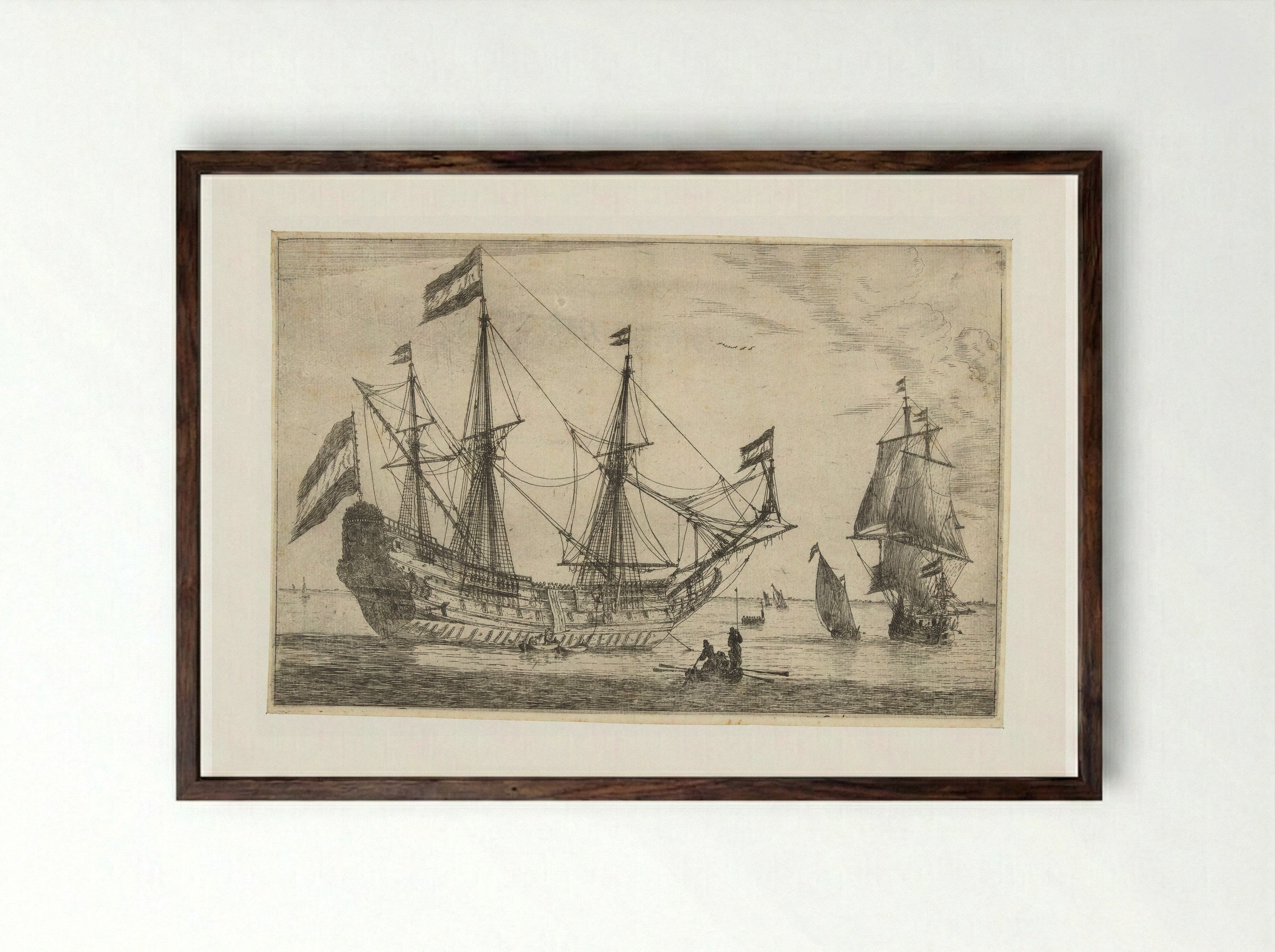 Groot zeilschip en een roeiboot - Reinier Nooms - Framed Print Dark Wood