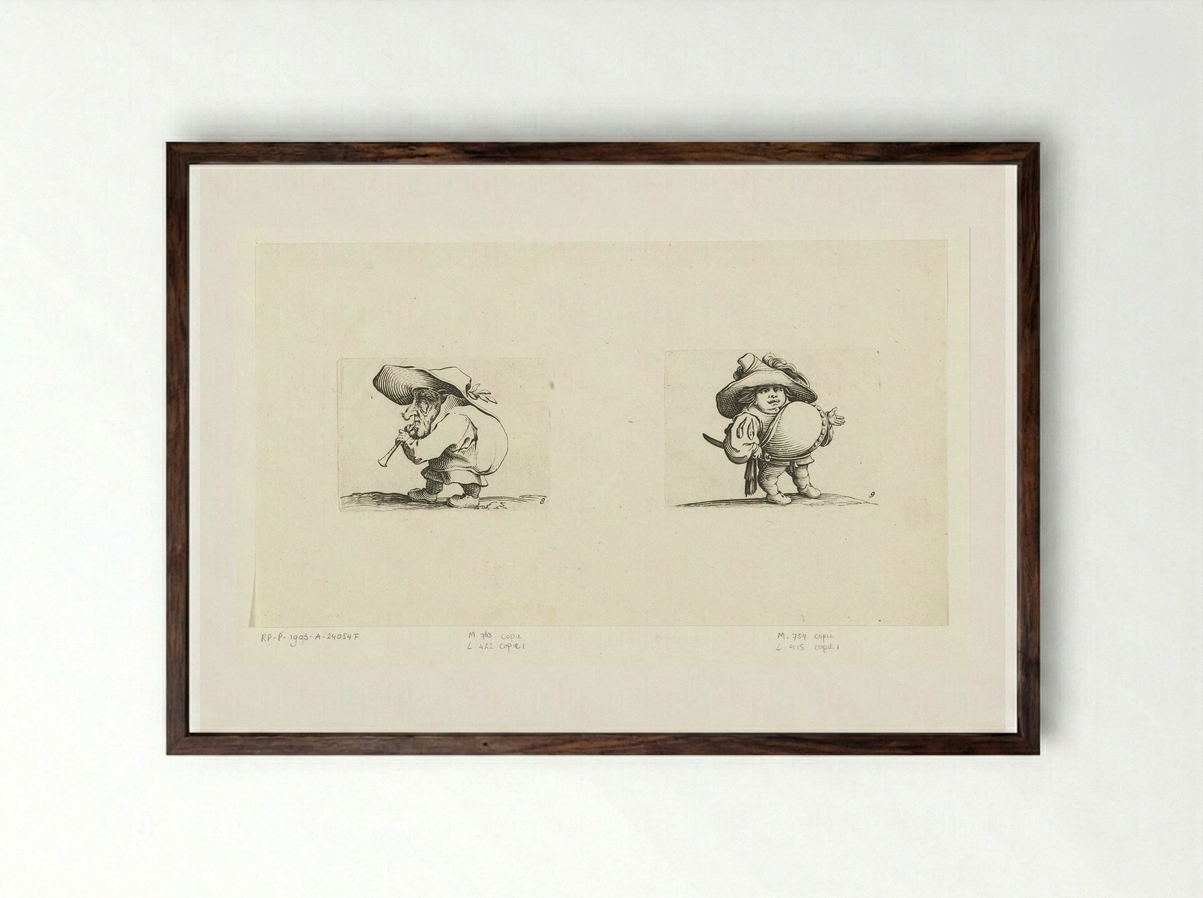 Grotesque Figures (Caricatures with Flute and Sword) - Abraham Bosse - Framed Print Dark Wood