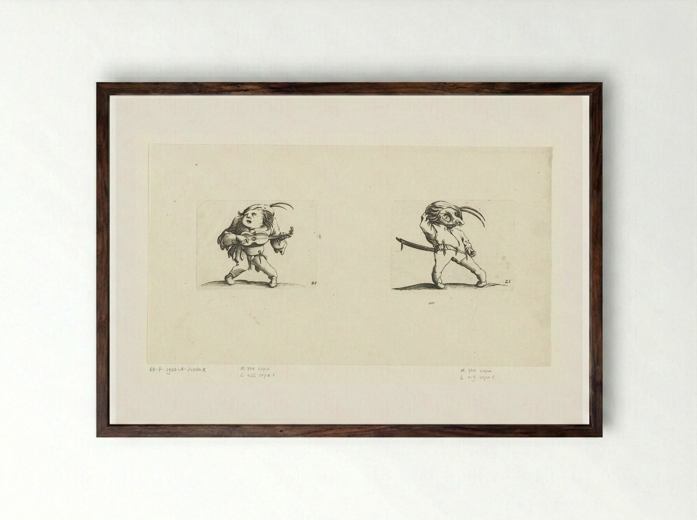 Grotesque Figures with Guitar and Sword - Abraham Bosse - Framed Print Dark Wood