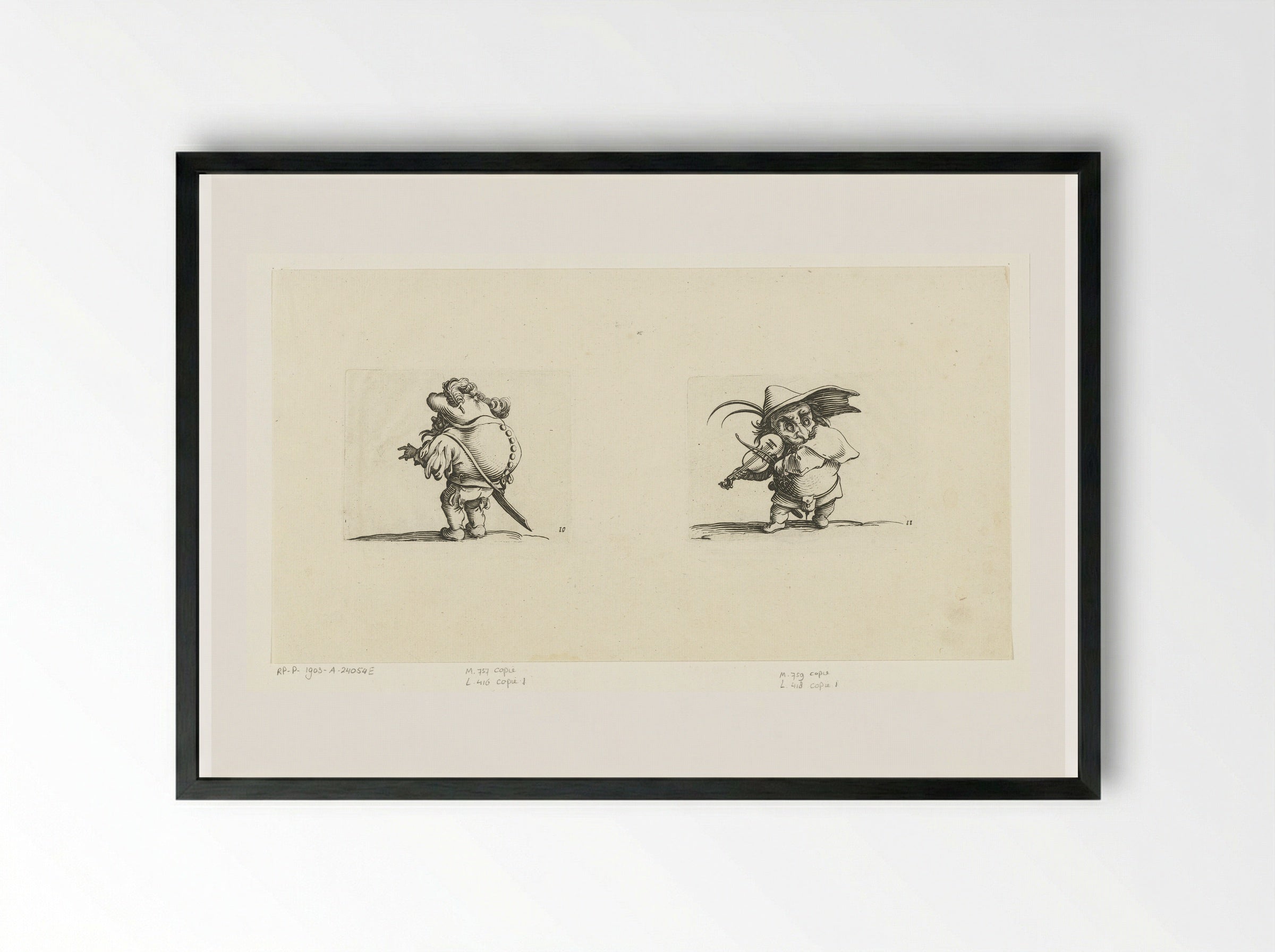 Grotesque Figures with Sword and Violin - Abraham Bosse - Framed Print Black