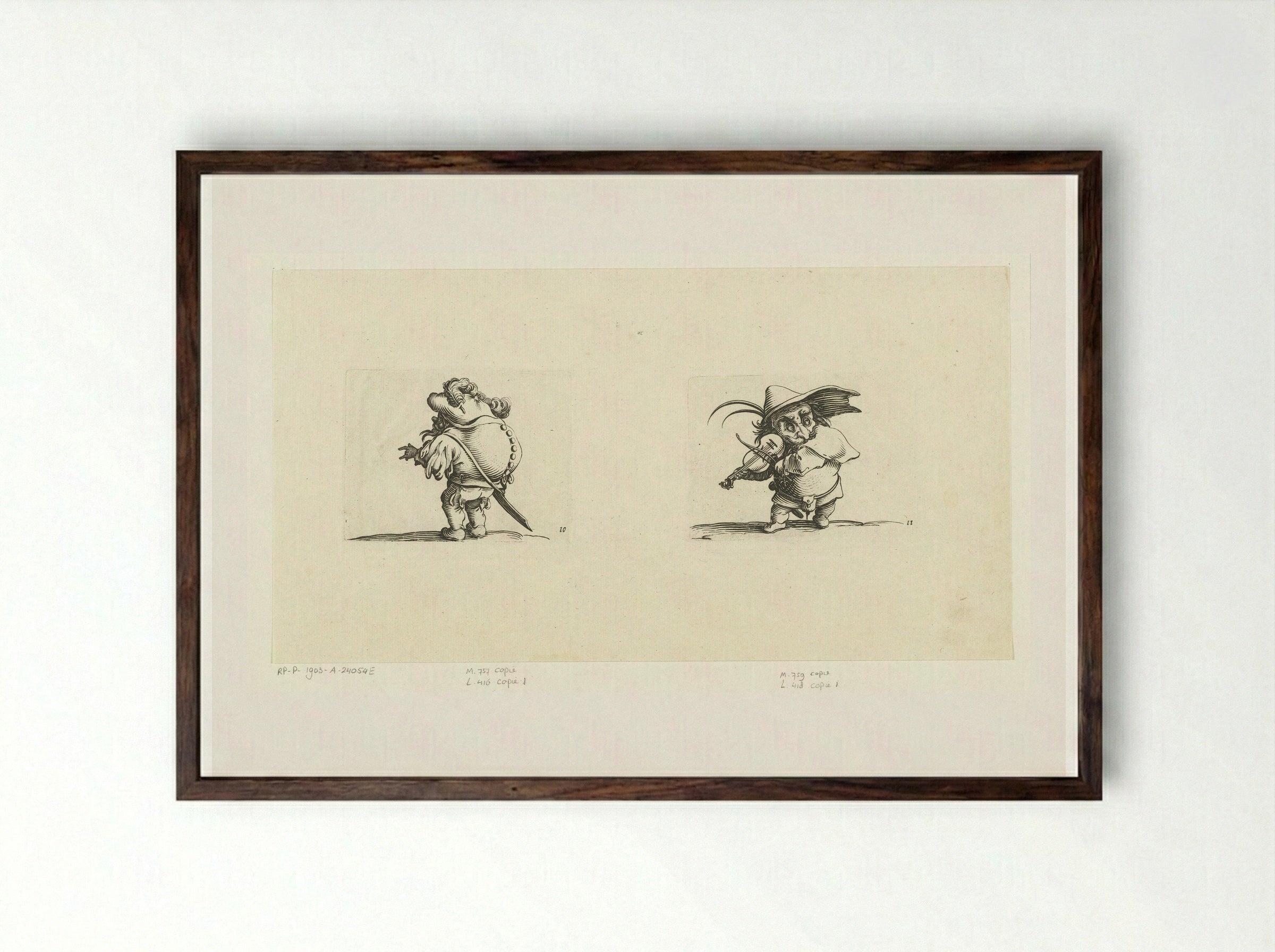 Grotesque Figures with Sword and Violin - Abraham Bosse - Framed Print Dark Wood